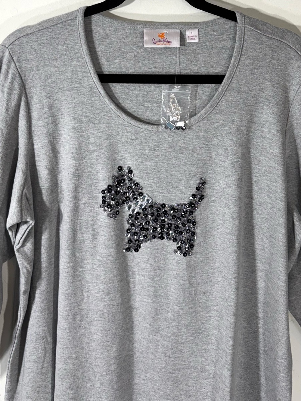 Quacker Factory Scottie Dog 3/4 Sleeve T-Shirt sz Large Rhinestones Sequin NEW